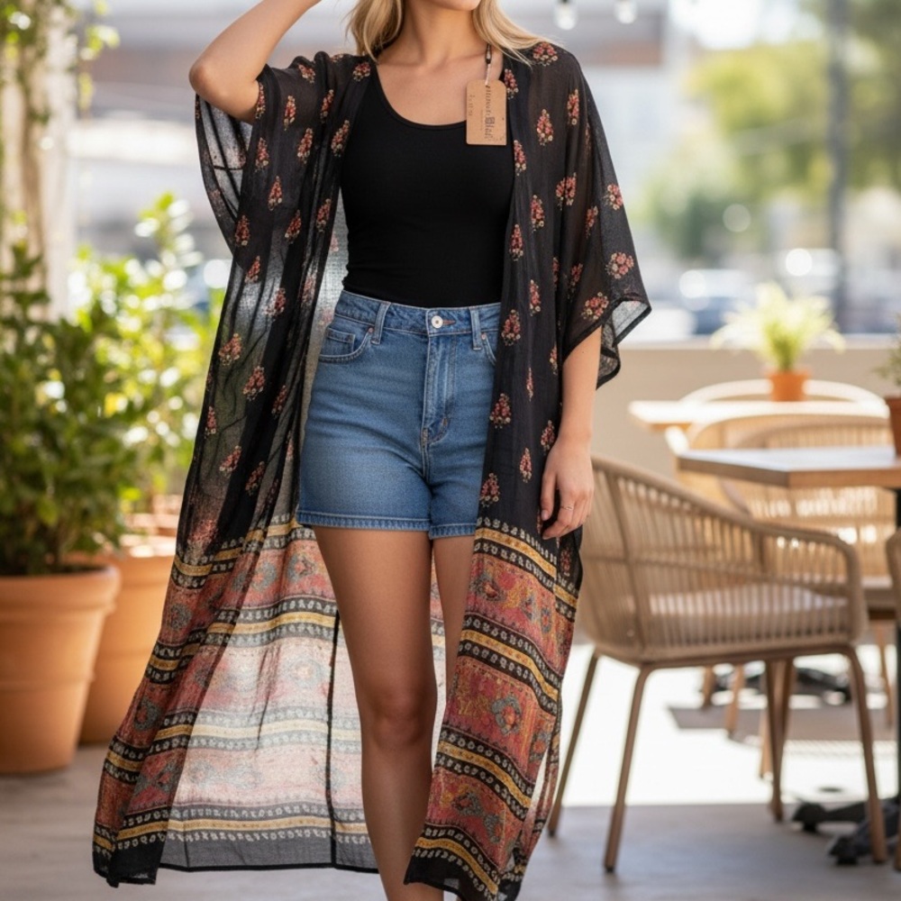 Natural Life Boho Bounty Navy Floral Light Weight 3/4 Sleeves Duster One Size - Picture 8 of 9
